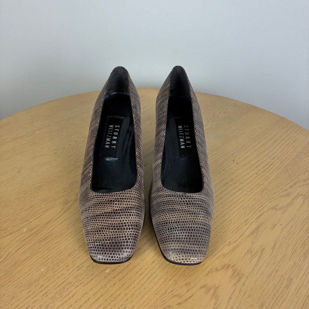 Stuart Weitzman Lizard Embossed Leather Square Toe Block Heel Pumps Women's 6 - Picture 2 of 8